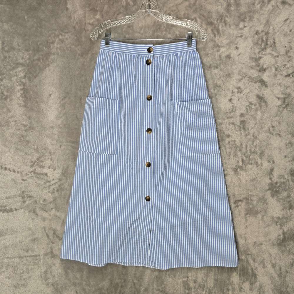 ASOS Blue and White Striped Button-Front Midi Skirt